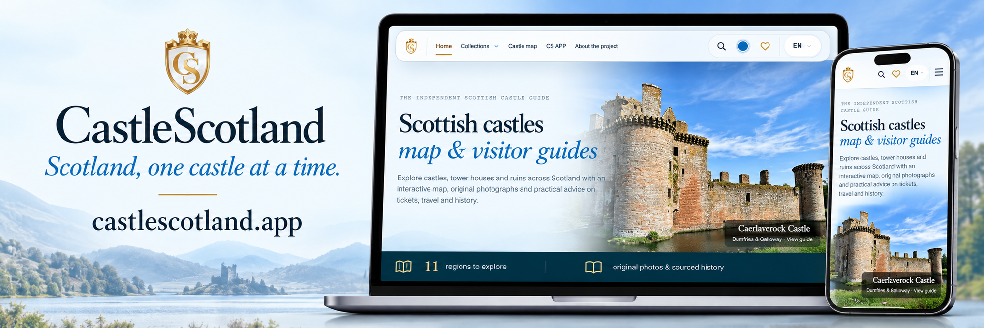 Baner CastleScotland z mapą zamków na laptopie i telefonie