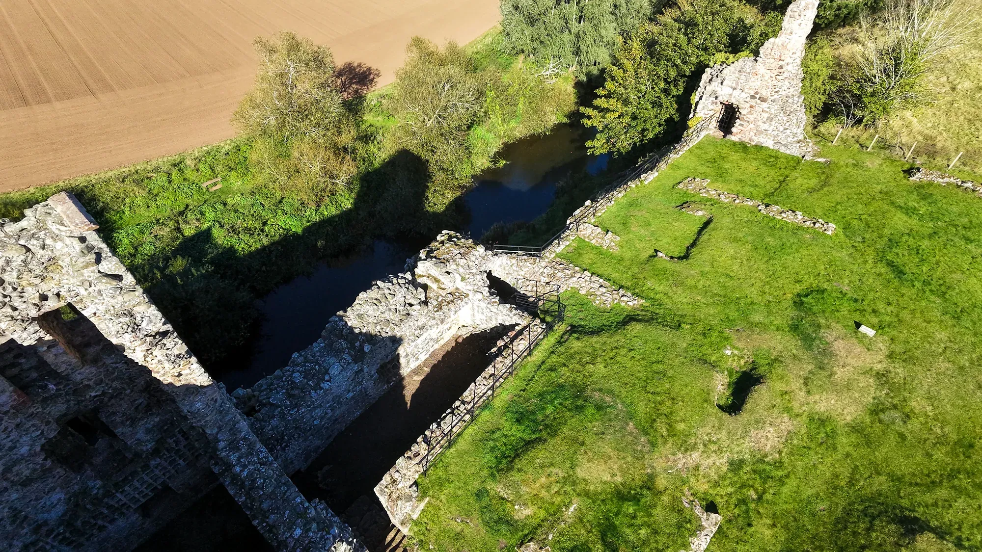 Hailes Castle ruins from a drone