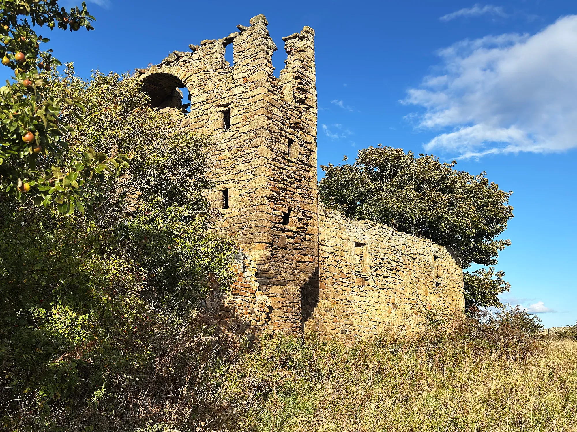 Saltcoats Castle tower under a blue sky