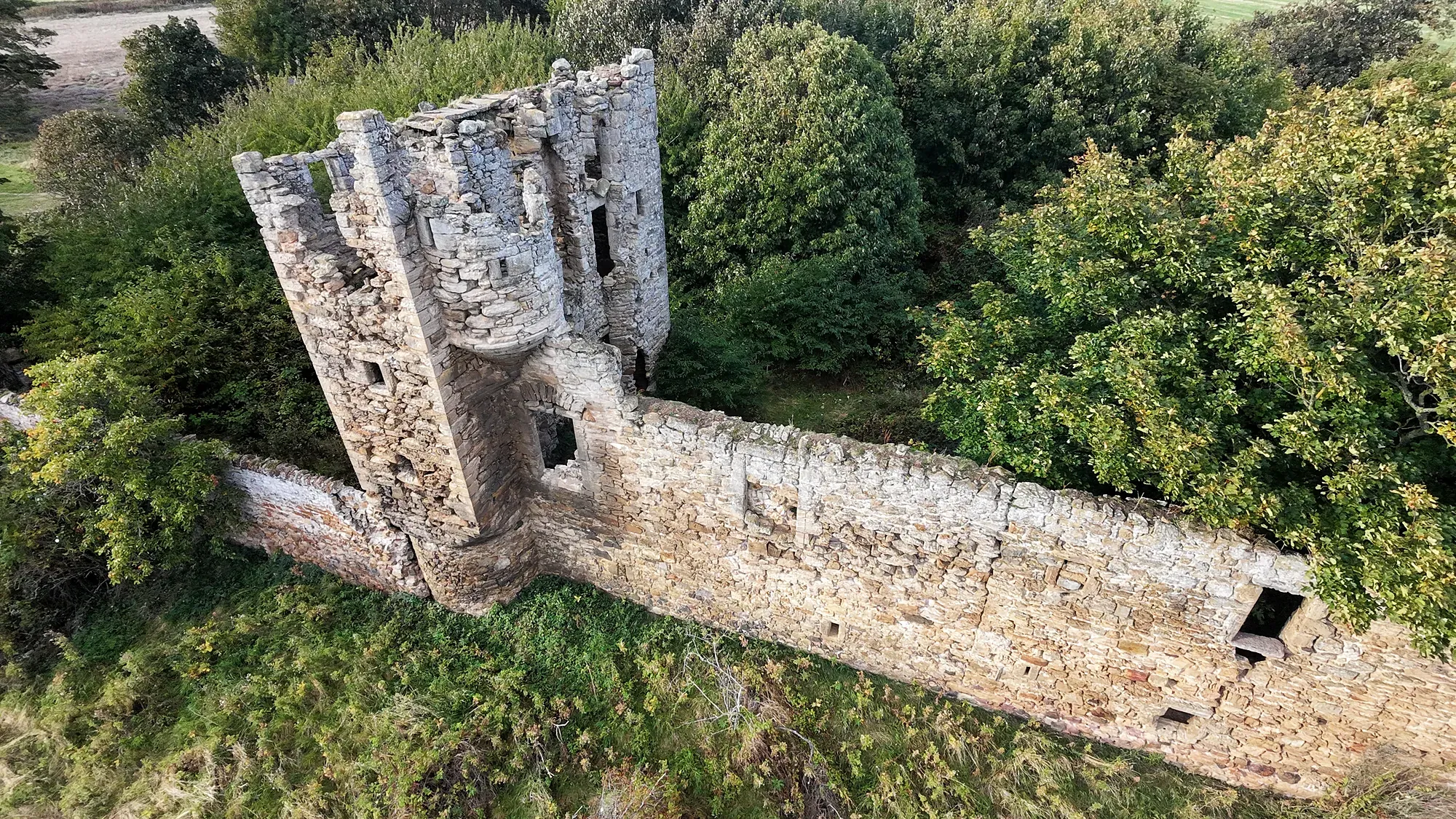 Saltcoats Castle walls seen from a drone