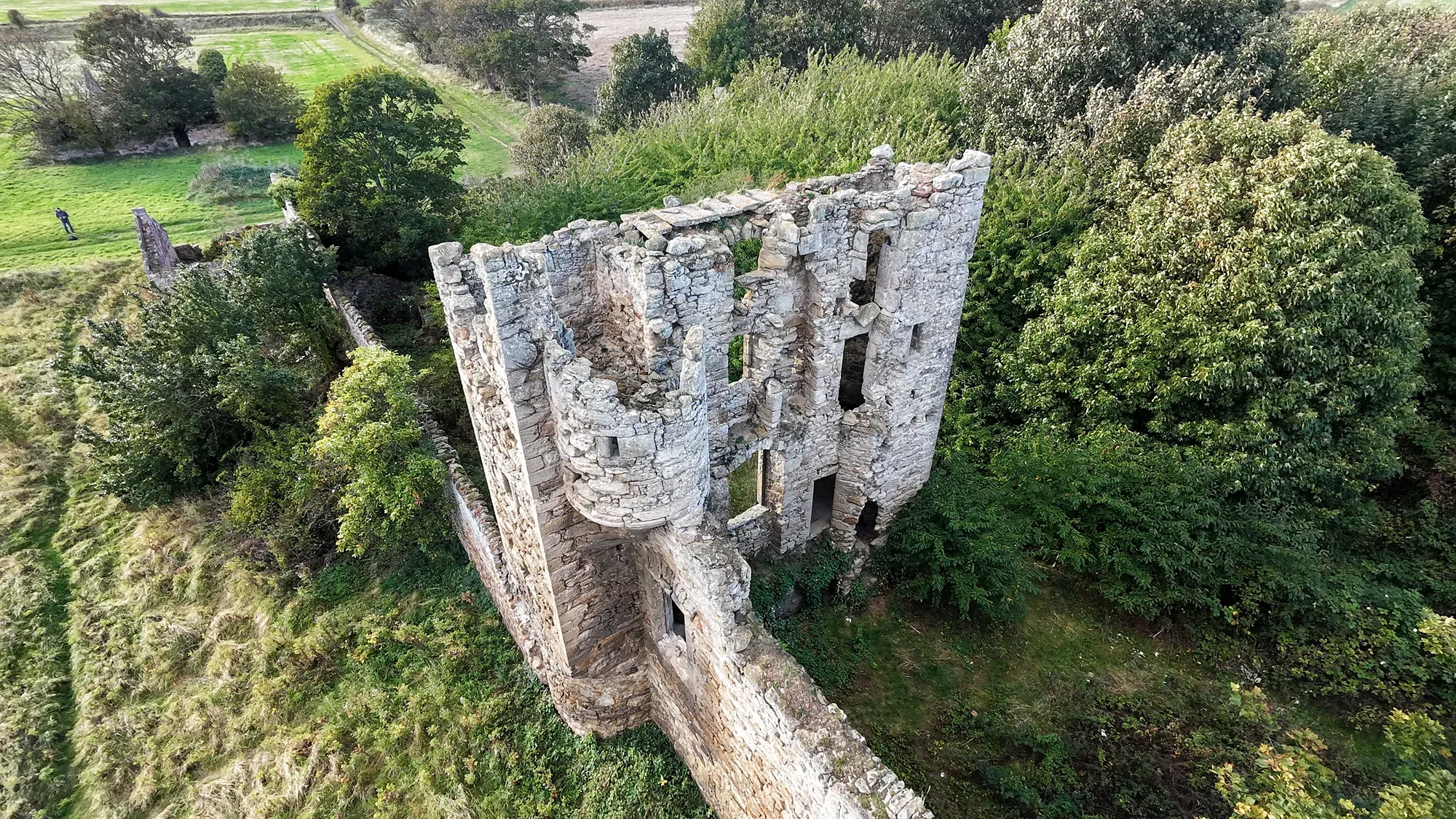 Saltcoats Castle tower and wall from the air