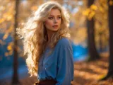 Blondynka w niebieskiej bluzce na tle jesiennego parku – portret kobiety w otoczeniu złotych liści
