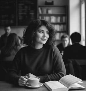 Kobieta z filiżanką kawy w kawiarni – czarno-biały portret fotograficzny